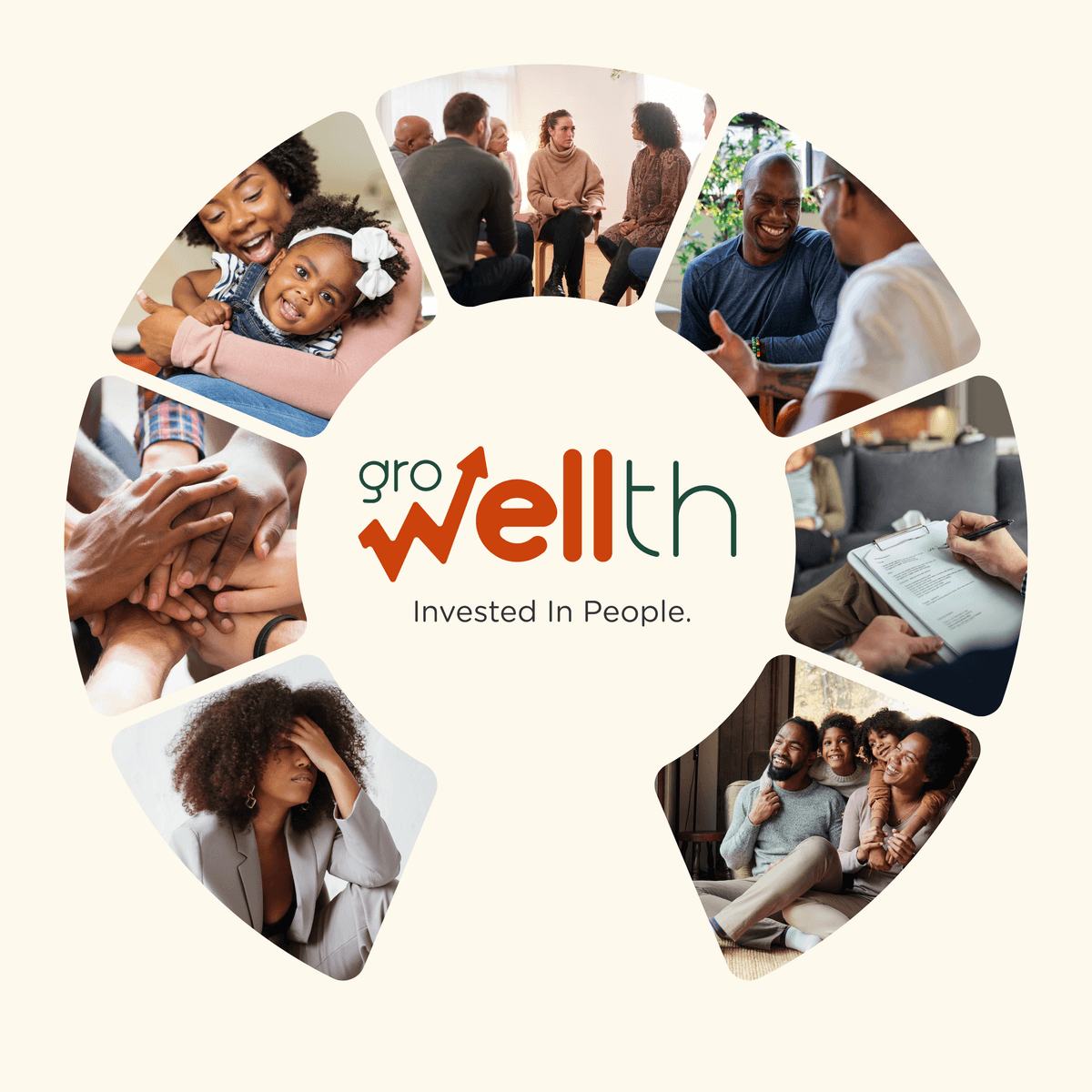 Growellth - Invested In People. Collage showing diverse Black African families, therapy sessions, and professional counseling representing mental health, family support, and community wellness